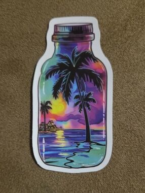 Tropical Sunset Mason Jar Sticker - Rainbow Palm Scene
